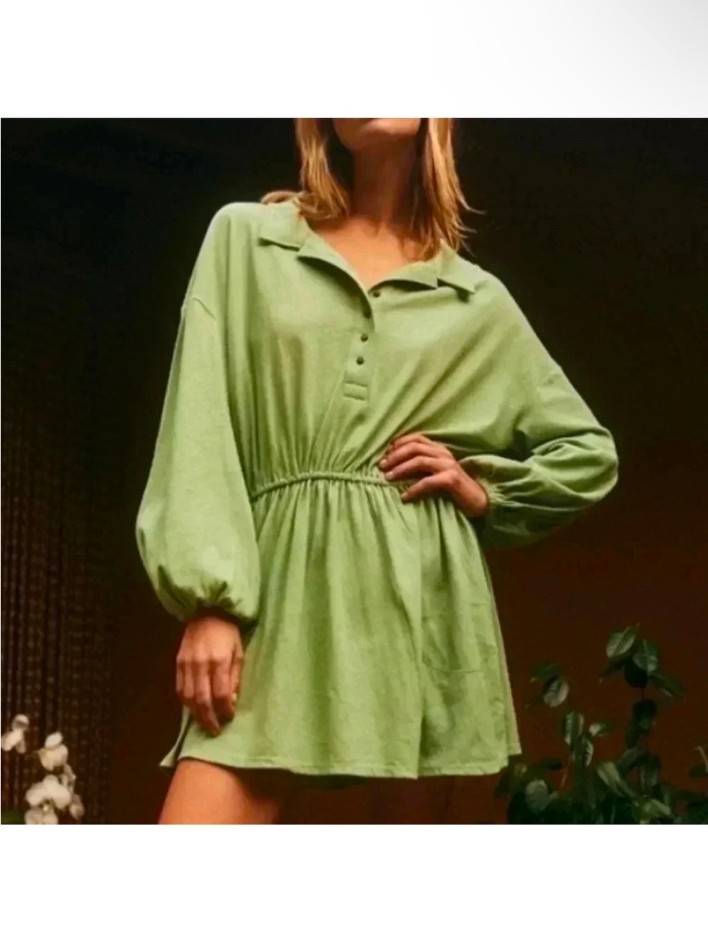 Free People Beach Light Green Mini Dress with Balloon Sleeves. NWT